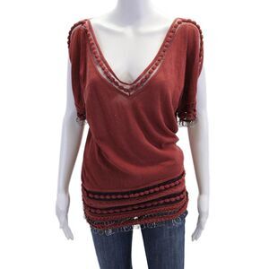 Malandrino Womens Woven Silver Toned Metal Hoop Trim Detail Blouse Red Size M